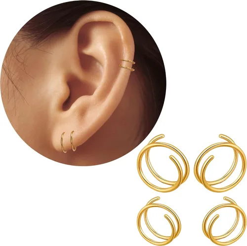 Vista 9 de 2 Pairs Double Hoop Earrings, Gold Cartilage Earrings for Women, Small Silver Helix Piercing Jewelry,Spiral Nose Ring Tiny Twist Earrings as Gift