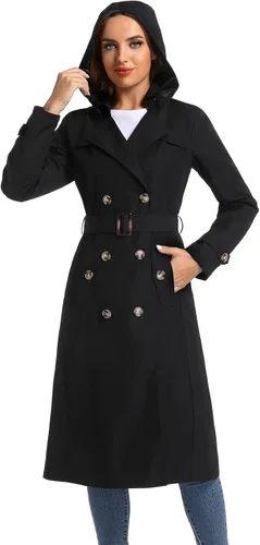 Vista 2 de poonyfesh Gabardina larga impermeable resistente al viento para mujer clásica con solapa de doble botonadura con capucha extraíble