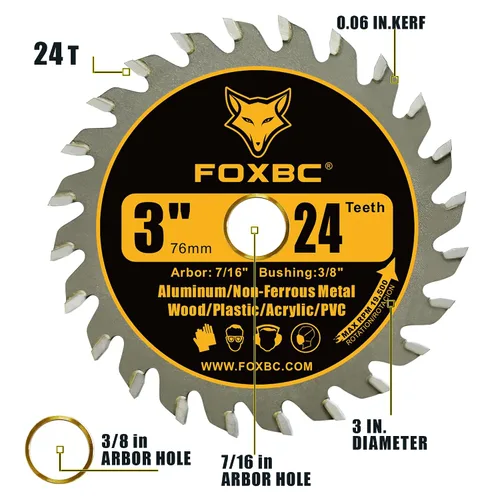 Vista 3 de FOXBC Hoja de sierra circular de carburo de 3 pulgadas, 24 dientes, 36 dientes para madera, plástico, PVC, acrílico, aluminio con eje de 7/16