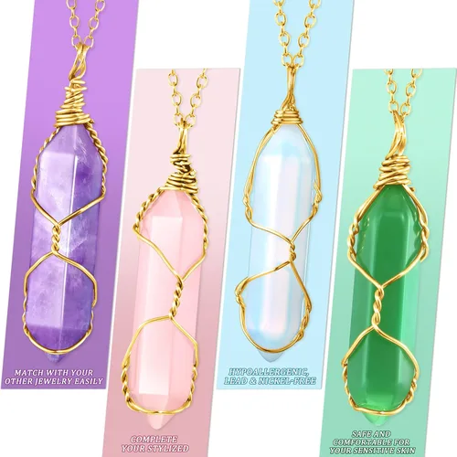 Vista 4 de Yaomiao - 5 piezas hexagonales de cristal puntiagudo cuarzo collares naturales de piedras preciosas curativas de energía natural con alambre