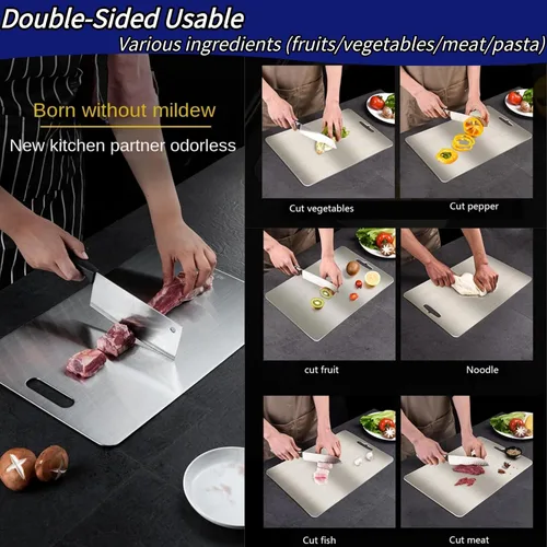 Vista 3 de Tablas de cortar de titanio para cocina, tabla de cortar de acero inoxidable de doble cara, diseño colgable, fácil de limpiar, duradera y resistente