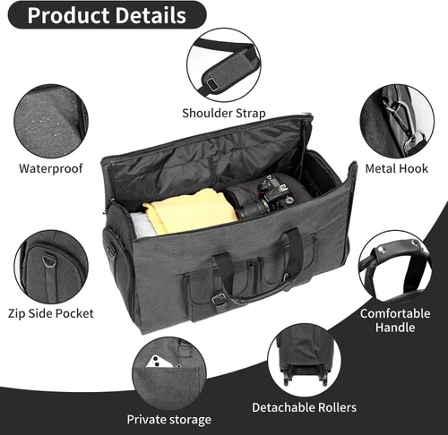 Vista 3 de LemoHome Bolsas de ropa con ruedas para viajes, bolsa de lona convertible, bolsas enrollables para viajes, bolsa de ropa con ruedas, equipaje
