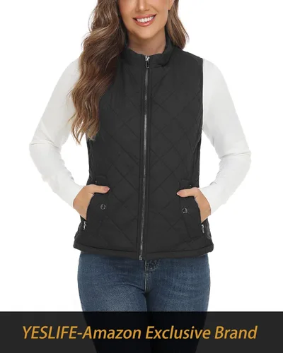 Vista 3 de YESLIFE Chaleco de moda para mujer con un bolsillo interior cuello alto ligero con cremallera acolchado para mujer