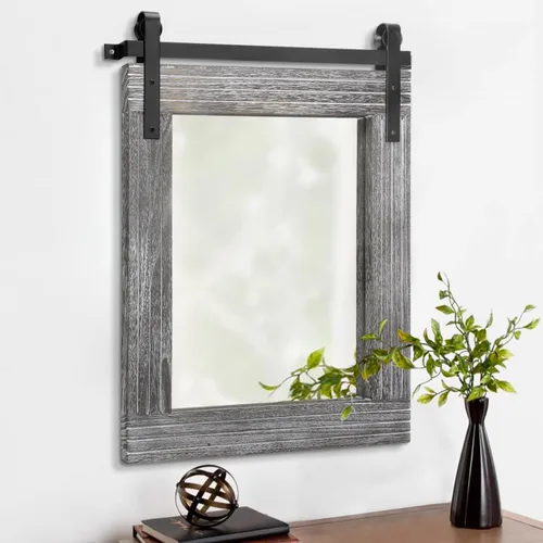 Vista 22 de AAZZKANG Espejo con marco de madera, estilo de puerta de granero, rectangular, decorativo, baño, dormitorio, tocador, decoración de pared del hogar