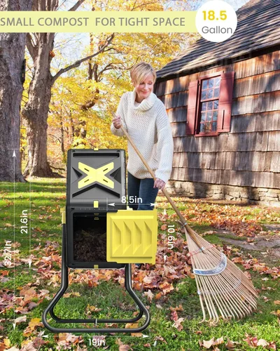 Vista 5 de Contenedor de compost giratorio de 18.5 galones de material libre de BPA – Compostadores de una sola cámara giratoria para exteriores, con sistema