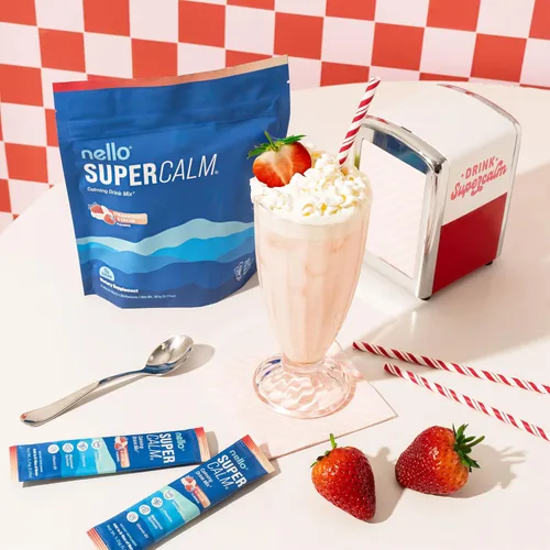 Vista 8 de Nello Supercalm - Mezcla de bebida – Fresas, crema y crema de naranja Ashwagandha KSM 66, suplemento de glicinato de magnesio y L-teanina – Apoyo