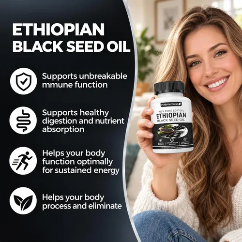 Vista 3 de Cápsulas blandas de aceite de semilla negra etíope con 4.64% de timoquinona, fórmula prensada en frío para apoyo inmunológico, digestivo