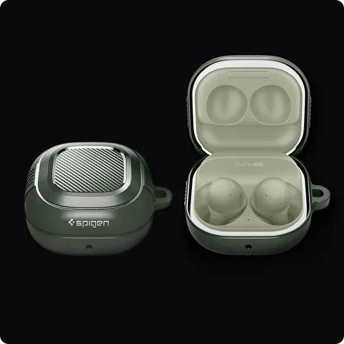 Vista 7 de Spigen Rugged Armor para Galaxy Buds Core, Buds FE, Buds 2 Pro y Buds Live TPU y PC de doble capa, protección contra caídas, mosquetón incluido
