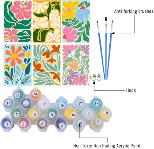 Vista 8 de Clendo Juego de 6 paquetes de pintura por números para adultos, kit de pintura por números de flores fáciles para adultos en lienzo sin marco