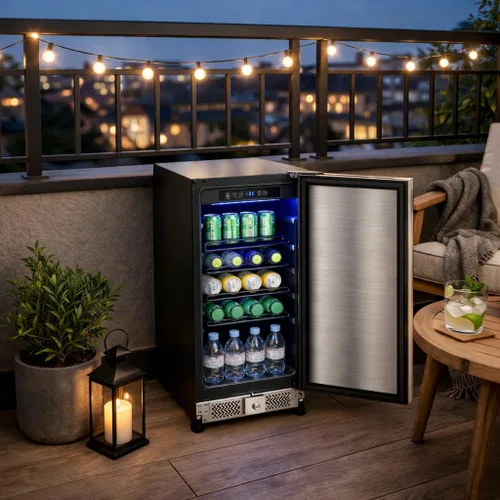 Vista 4 de Refrigerador de bebidas para exteriores de 15 pulgadas, refrigerador debajo de la encimera, enfriador de vino para exteriores de 120 latas