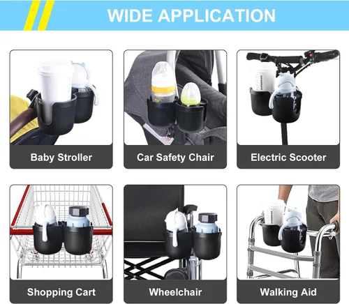 Vista 6 de JINKEY Soporte universal de doble taza de rotación de 360° para cochecito de bebé, ajustable 2 en 1 doble soporte para cochecito para bicicleta