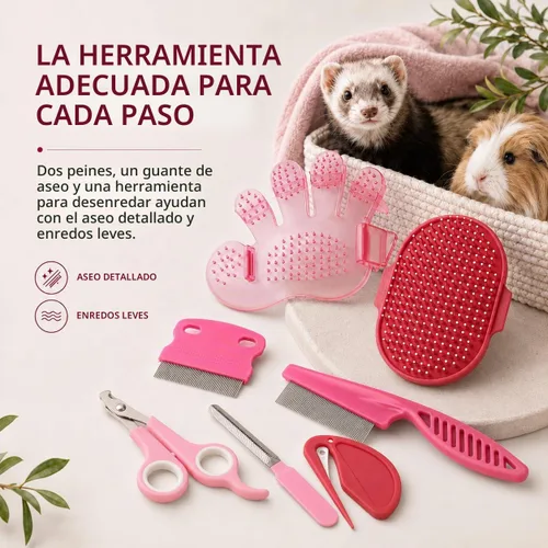 Vista 5 de Kit de aseo de conejo, cepillo de conejo de 7 piezas y cuidado de Rosado