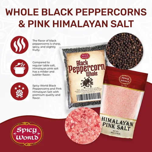 Vista 2 de Spicy World Granos de pimienta negra entera de 16 onzas + sal rosa del Himalaya fina 1.75 libras (28 onzas)