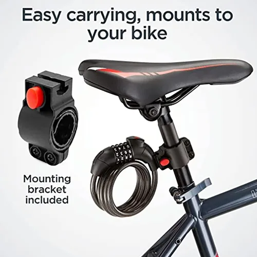 Vista 3 de Cable de bloqueo de bicicleta con soporte de montaje, bloqueo de cable de bicicleta con combinación de 5 dígitos, 4 pies de largo x 1/2 pulgada