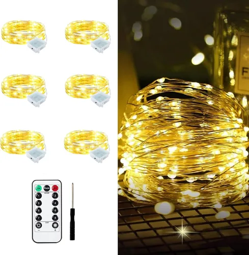 Vista 38 de Aogist Paquete de 24 luces de hadas, 3 modos, 2,1 metros, 20 luces LED, impermeables, cable plateado, funcionan con pilas, mini luces de alambre