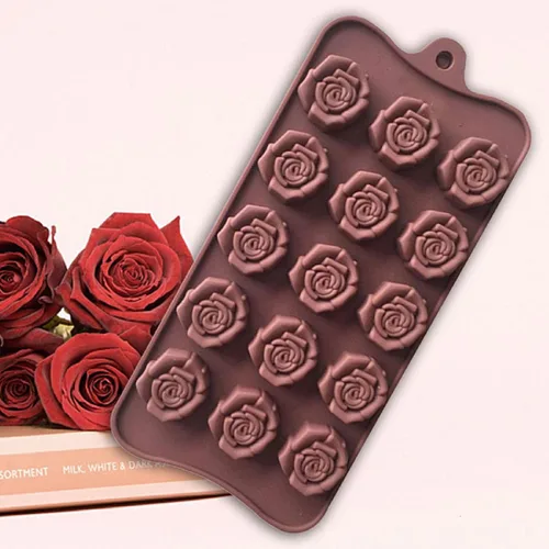 Vista 2 de Moldes de silicona con forma de flor de rosa, 15 cavidades antiadherentes de grado alimenticio para chocolates, dulces, cubitos de hielo, gelatinas