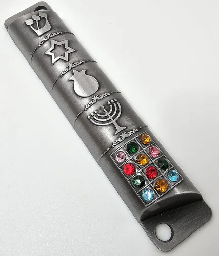 Vista 5 de Estuche de mezuzá de peltre con pergamino 3D estrella judía de David Jerusalén Menorah 12 Tribus de Israel hebreo Shin Door Mezuza Judaica Regalo