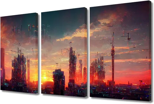 Vista 86 de Arte de pared de 3 piezas de escena de ciencia ficción de la calle comercial futurista paisaje urbano, decoración de pared para dormitorio
