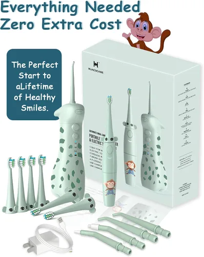 Vista 6 de Irrigador dental eléctrico para niños de 6 a 12 años, irrigador oral para niños con 3 modos suaves y 2 modos sónicos, kit dental compatible