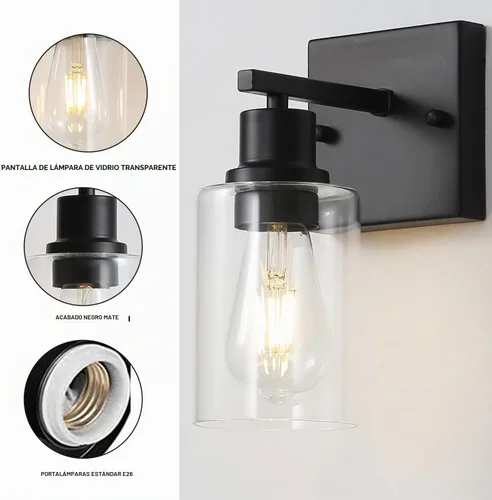 Vista 3 de [Usado] Accesorios de luz para tocador de baño, 1 luz de baño color negro mate, apliques de pared con pantalla de vidrio transparente para pasillo