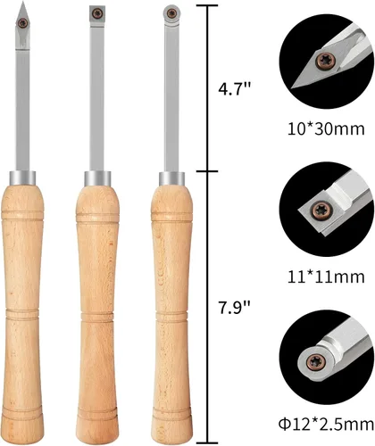 Vista 2 de 3CPS Herramientas de torno de carburo con punta de madera, juego de herramientas de torneado de madera en miniatura para torno (mango de haya)