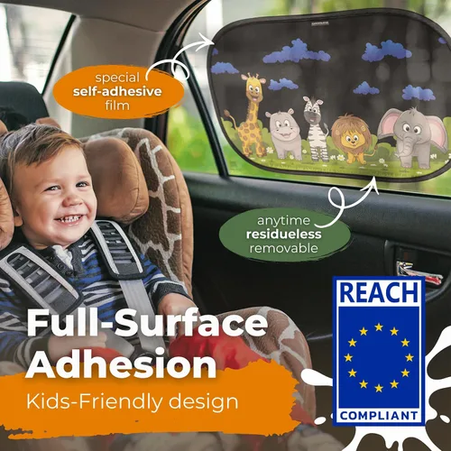 Vista 2 de Caramaz - Parasol de automóvil para bebé con protección UV certificada (2 unidades, 20 x 12 pulgadas), Animales (Animals)