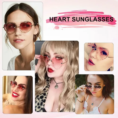 Vista 4 de Gafas de sol sin montura con forma de corazón para mujer, gafas de sol grandes y modernas con marco de metal