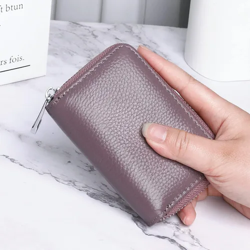 Vista 6 de GEEAD Tarjetero de cuero genuino RFID para mujeres y hombres con cremallera para tarjetas pequeñas carteras, Púrpura, Minimalista