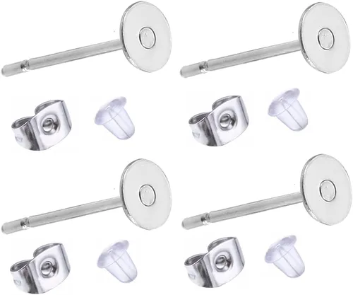 Vista 5 de 100 piezas de aretes de acero inoxidable para aretes, almohadillas planas, 100 piezas de aretes de mariposa, 100 unidades de aretes de bala, total