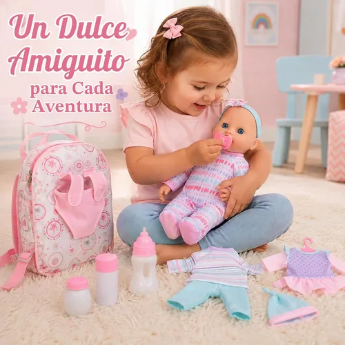 Vista 2 de Muñeca de bebé de cuerpo suave con ropa en mochila para llevar, muñeca de bebé infantil de 12 pulgadas con accesorios para niños pequeños y niños