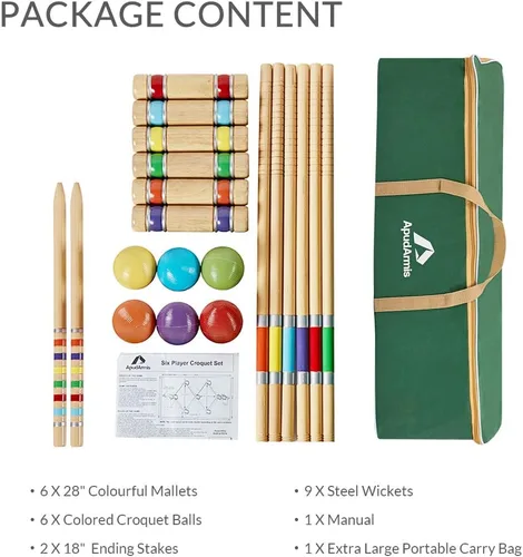 Vista 7 de ApudArmis Juego de Croquet para Seis Jugadores con Mazos de Madera de Goma Premium de 28 Pulgadas, Pelota de Colores, Arcos, Estacas – Juego