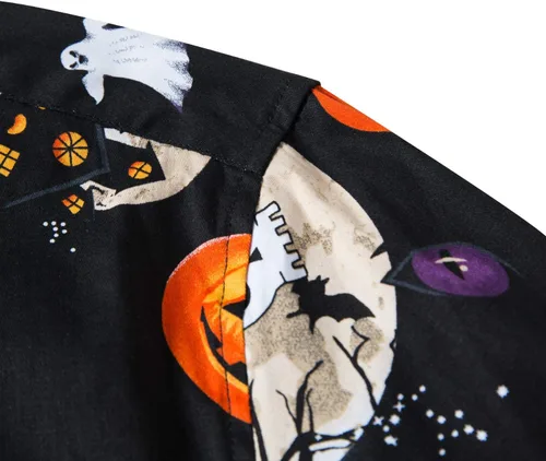 Vista 4 de fohemr Camisa divertida de Halloween para hombre, diseño de calabaza fea, manga larga, casual, con botones, disfraz de adulto para fiesta