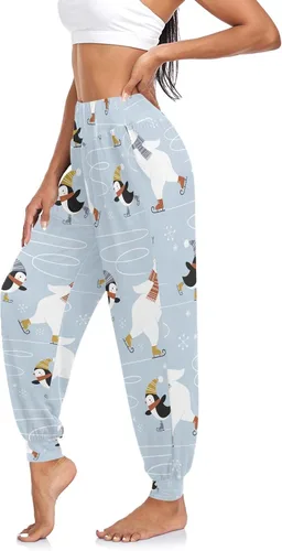 Vista 5 de Pantalones de pingüinos de osos polares de Navidad para mujer, pantalones deportivos de cintura alta, pantalones de harén cómodos para correr