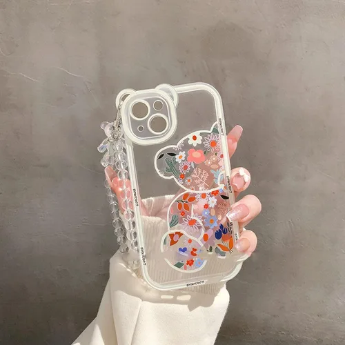 Vista 2 de Funda compatible con iPhone 8 Plus, bonito protector de cámara con diseño de oso de flores transparentes con bonita correa y cadena para niñas