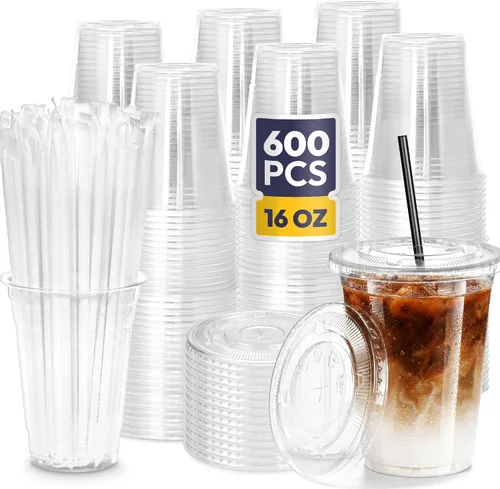 Vista 14 de Fit Meal Prep Paquete de 100 Vasos de Plástico para Café Helado de 9 oz con Tapas Planas y Pajitas Negras, Vaso Transparente Desechable, Vaso Libre
