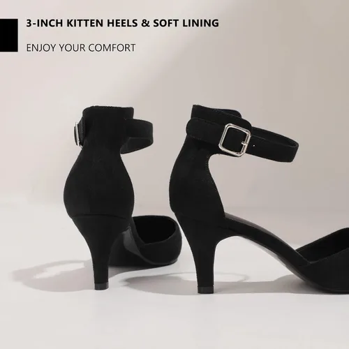 Vista 3 de IDIFU IN3 D'Orsay Zapatos de tacón bajo para mujer, zapatos de vestir puntiagudos con puntera cerrada, correa de tobillo para novia, elegante