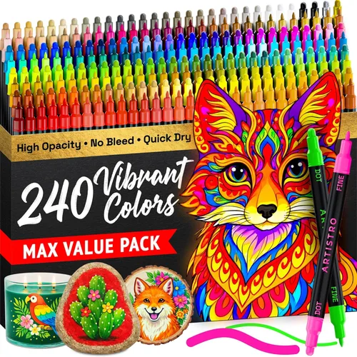 Vista 16 de ARTISTRO 5 marcadores negros de pintura acrílica de doble punta, juego de bolígrafos de pintura con puntos y puntas finas para tela, rocas, vidrio