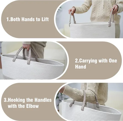 Vista 5 de Cesta grande de 79 L para ropa sucia, cesta tejida de algodón con asas, cesta de almacenamiento para ropa sucia en el baño, cesta decorativa