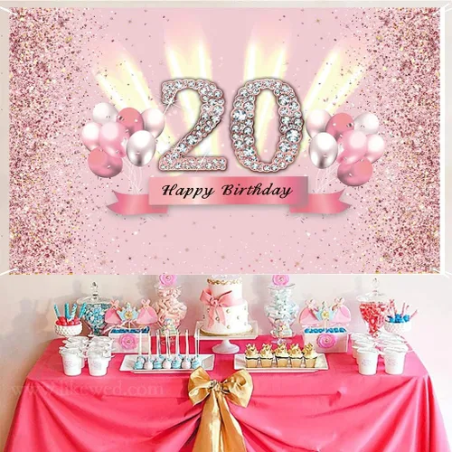Vista 2 de Decoraciones de 20 cumpleaños para mujeres, póster de tela para fiesta de aniversario de 20 años, fondo de foto rosa, suministros de fiesta