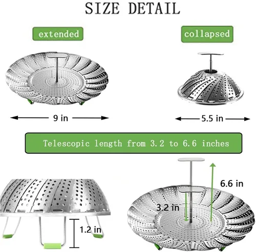 Vista 5 de Cesta de vapor, cesta de vapor vegetariana para cocinar de acero inoxidable plegable para verduras con mango central extraíble extensible extensible