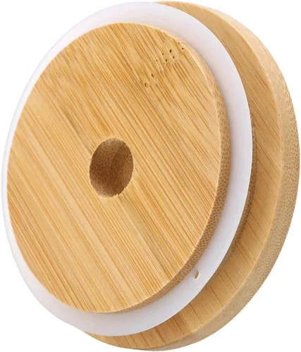 Vista 3 de Paquete de 4 tapas de frasco mason de bambú de boca ancha de 86mm con agujero para pajita, tapas de bambú reutilizables a prueba de fugas