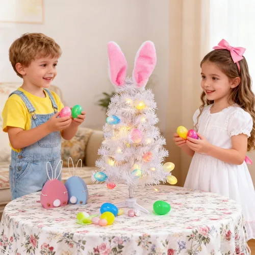 Vista 3 de Dynaming Decoraciones de mesa de Pascua, árbol blanco de conejo de Pascua iluminado de 23 pulgadas, árbol de mesa artificial preiluminado con orejas