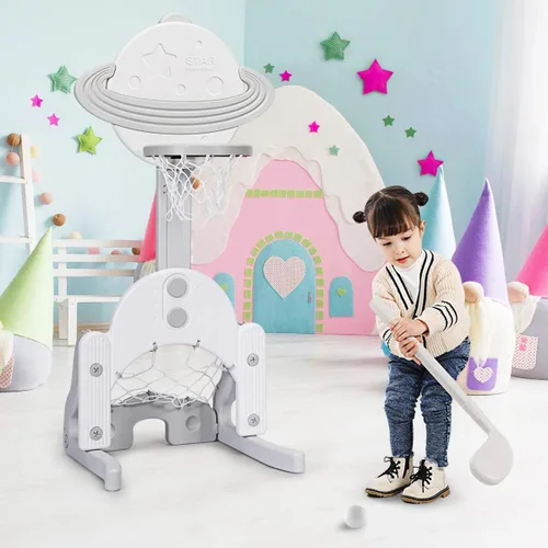 Vista 2 de AKUSTIK 3 in 1 Toddlers Basketball Hoop Stand, Adjustable Height Sports Center with Basketball Soccer Golf Game Set, Portable Indoor Outdoor