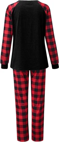 Vista 4 de uhnmki Conjunto de pijama de Halloween para mujer, divertido diseño de calabaza, esqueleto, a cuadros, manga larga, conjunto de pijamas de Halloween