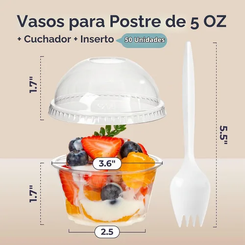 Vista 2 de Fit Meal Prep [Paquete de 50] Vasos de postre de plástico transparente de 5 onzas con tapas de cúpula y tenedores, tazas de parfait desechables