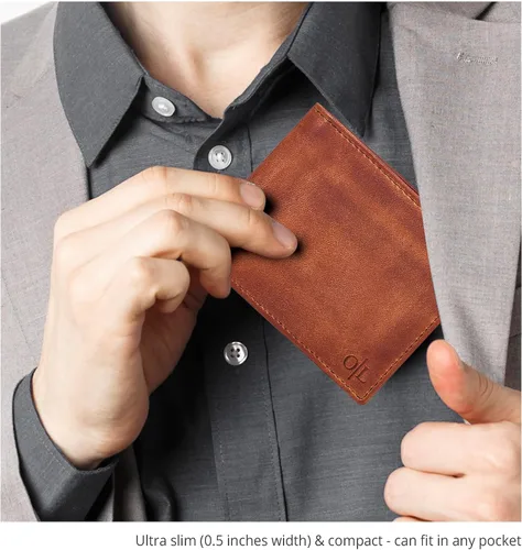 Vista 32 de Cartera delgada de cuero para hombre, bloqueo RFID, bolsillo frontal minimalista, delgada y elegante con ventana de identificación, regalo