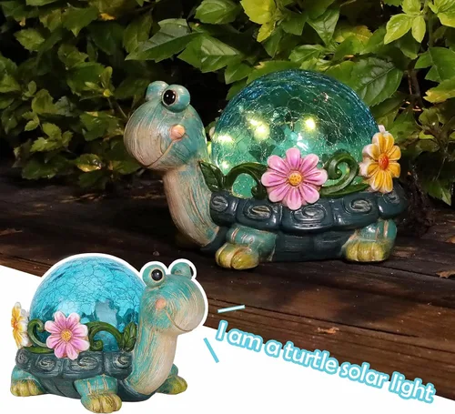 Vista 5 de Afirst Estatuas solares de jardín para exteriores, adorno de césped de tortuga con luces solares de vidrio agrietado para decoración de patio