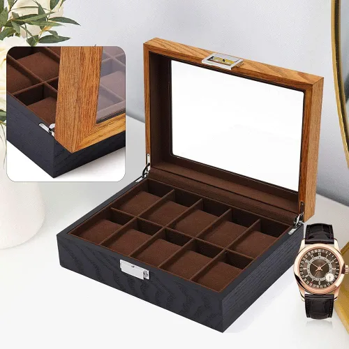 Vista 4 de Fetcoi Caja de reloj con 10 ranuras para reloj, de madera+tela de terciopelo para reloj organizador de relojes para hombres y mujeres, color negro