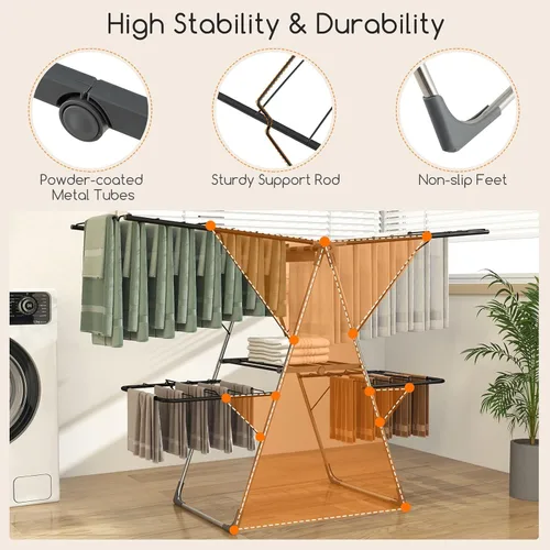 Vista 6 de Giantex Estante de secado de ropa, estante de secado de ropa plegable con 33 rieles de secado, altura ajustable de 3 niveles, clips versátiles