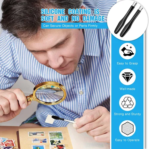 Vista 6 de 6 pinzas con punta de goma de PVC de acero inoxidable con revestimiento de goma, pinzas para joyería, pasatiempos industriales, manualidades